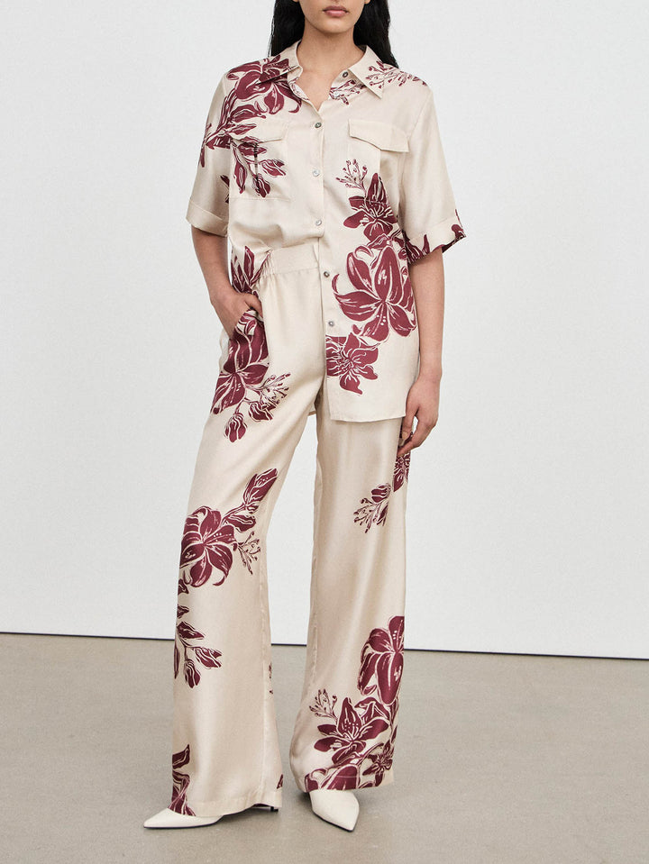 Moderne Satin Floral Print Seitentasche Hose mit weitem Bein