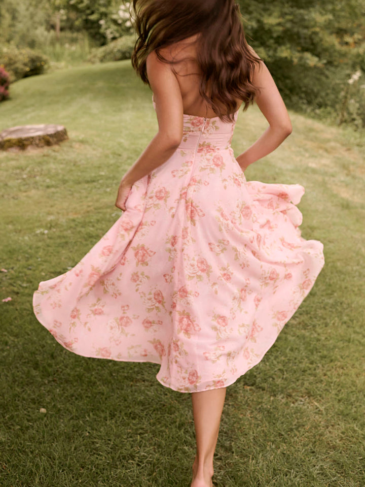 Exquisite Retro V-Neck Rose Print Midi Dress