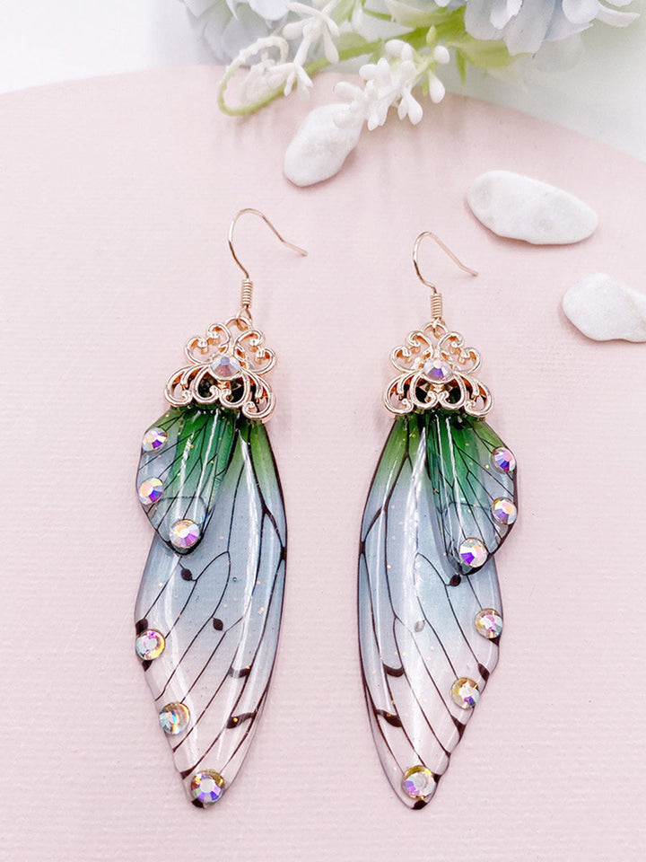 Pendientes de cristal con forma de alas de mariposa de diamantes de imitación verdes