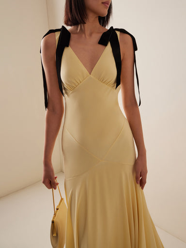 Exquisite V-Neck Bow Tie Suspender Maxi Dress