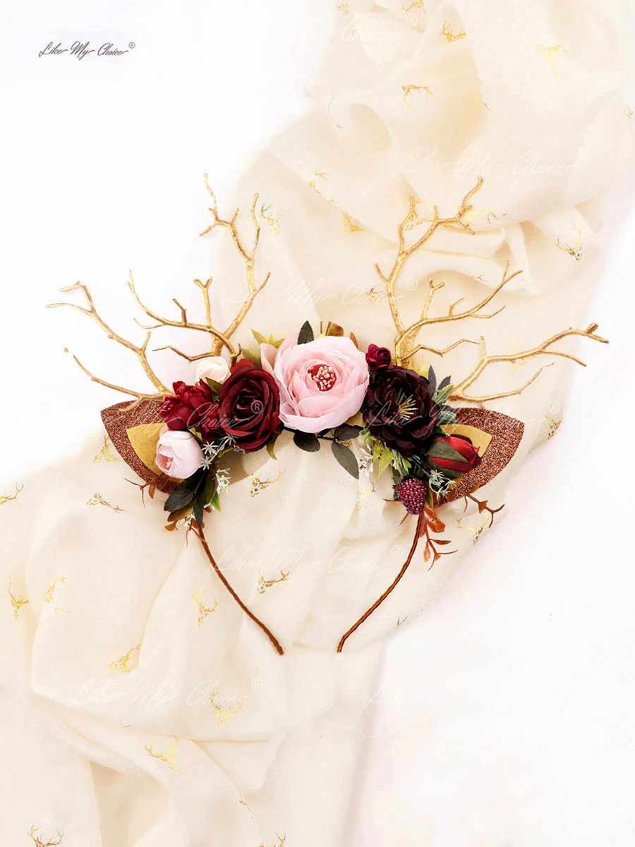 Diadema navideña de renos con flores burdeos | LikeMyChoice