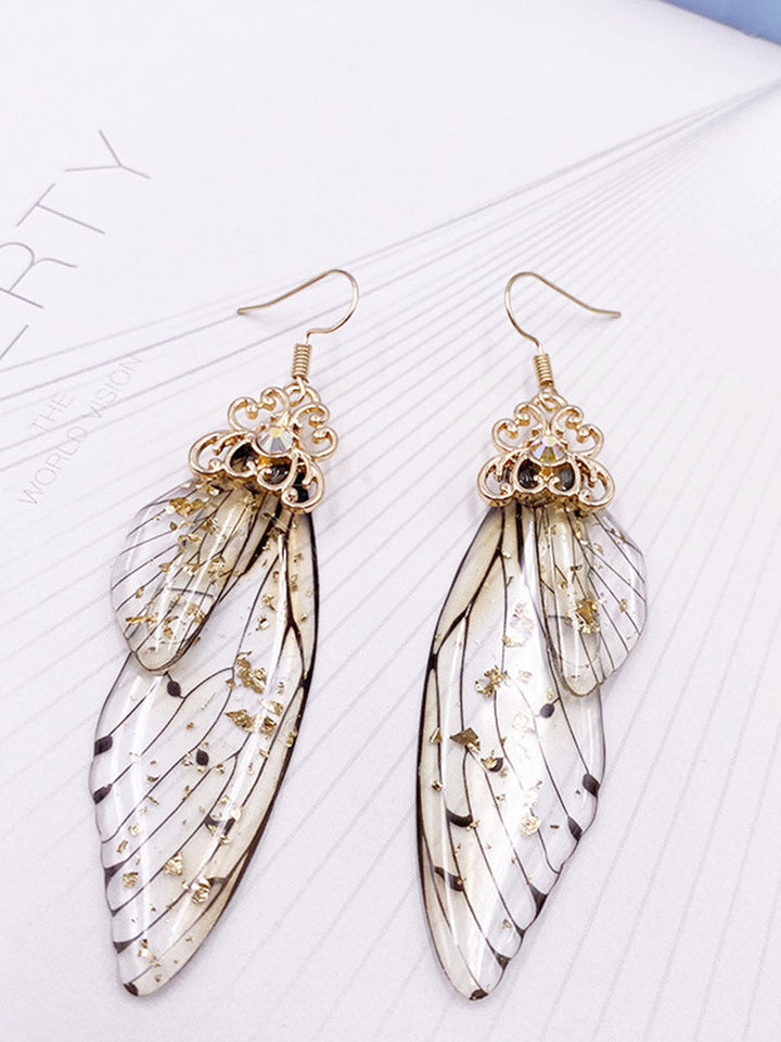 Pendientes de cristal con forma de ala de mariposa gris Rhinestone Cicada Wing