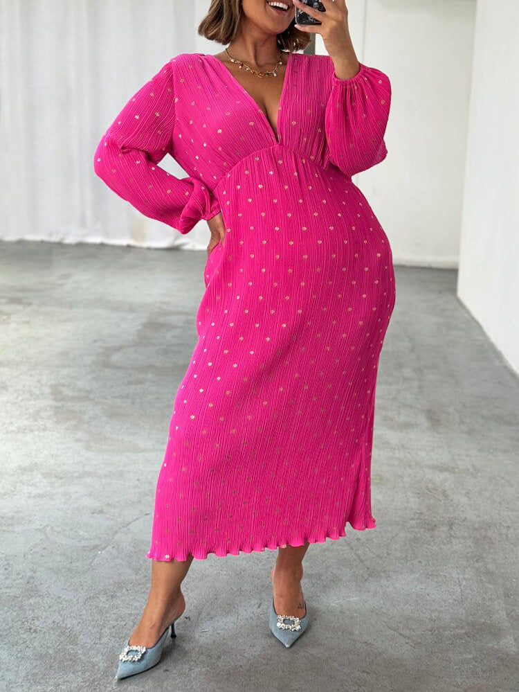 Elegant Polka Dot Print Pleated Midi Dress (robe midi plissée)