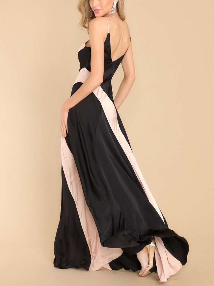 Robe longue champagne noire contrastée en satin