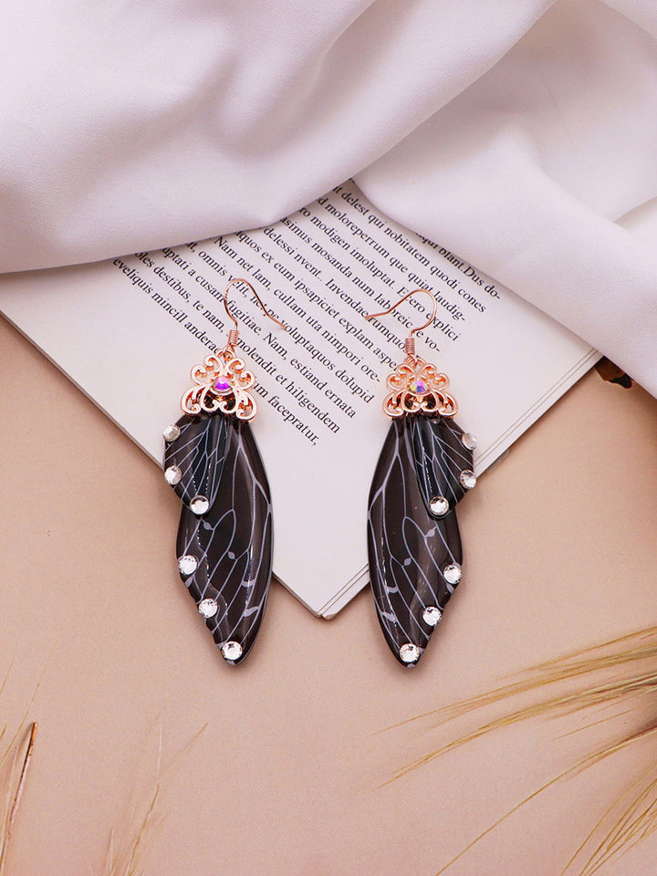 Anting Kristal Sayap Kupu-Kupu Berlian Imitasi Hitam Sayap Jangkrik