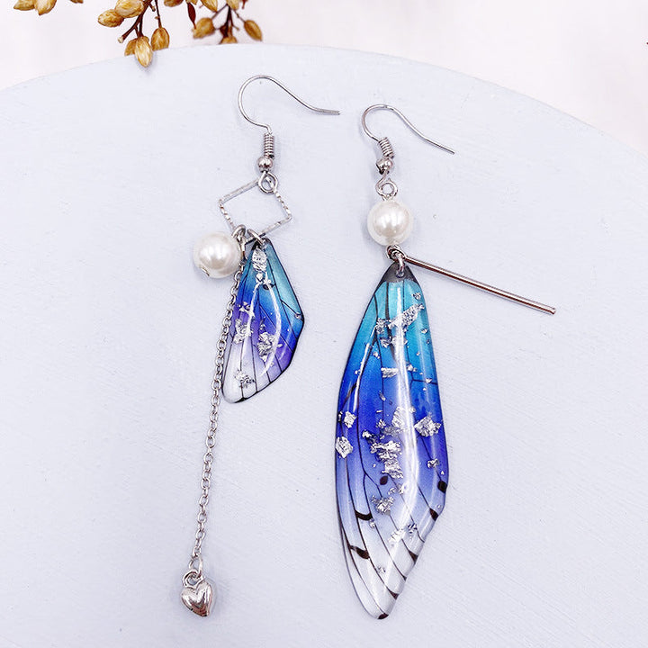 Butterfly Wing Blue Gold Foil Cicada Wing Tassel Earrings