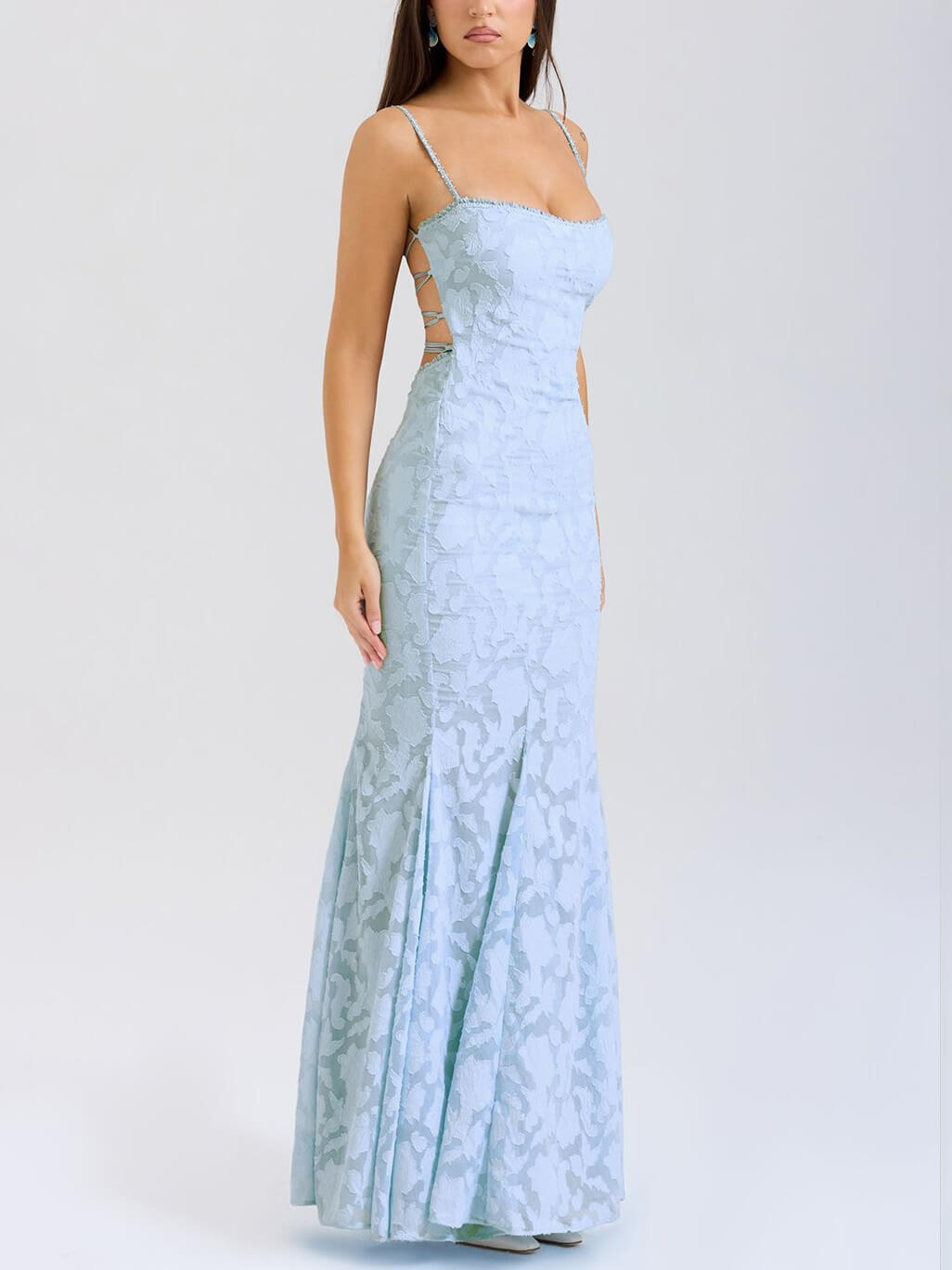 Elegant Blue Jacquard Sexy Suspender Fishtail Maxi Dress