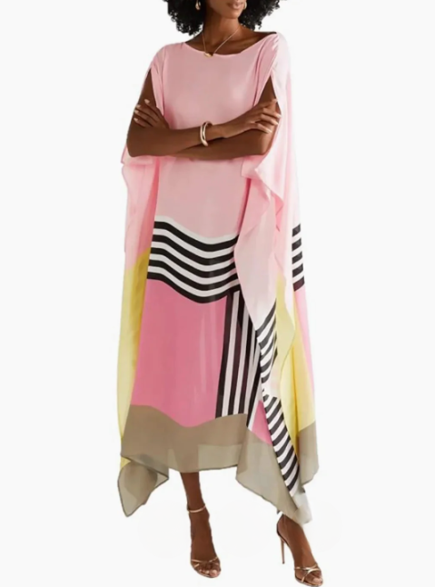 Unique Satin Striped Contrast Bat Sleeve Midi Dress