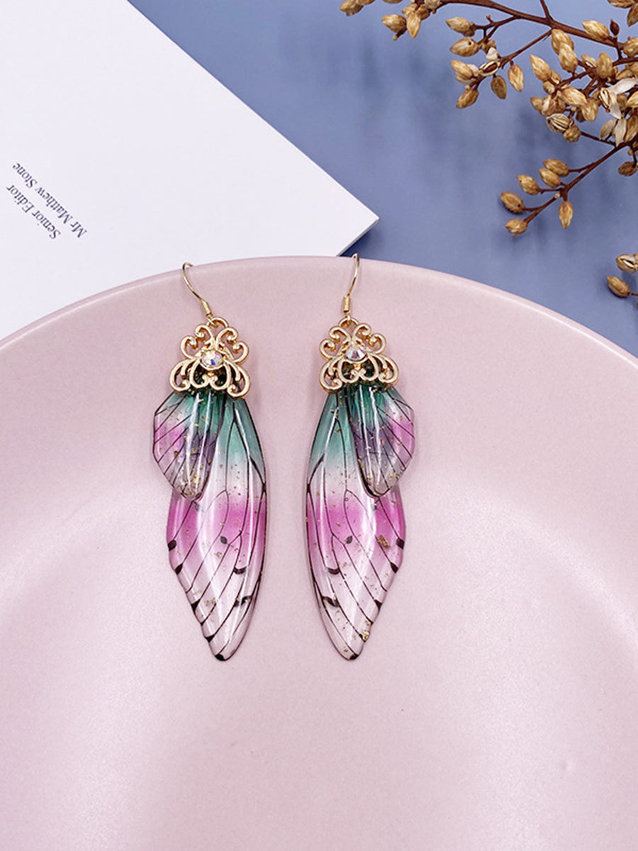 Pendientes de cristal con forma de alas de mariposa iridiscente Rhinestone Cicada Wing