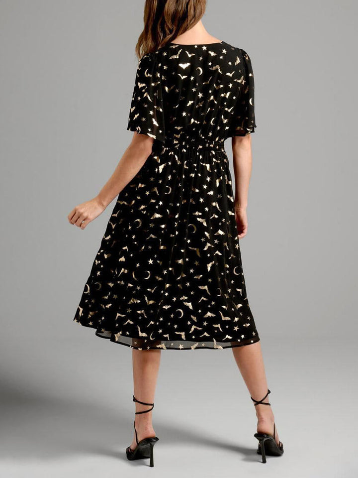 Unique Bat Print V-Neck Midi Dress