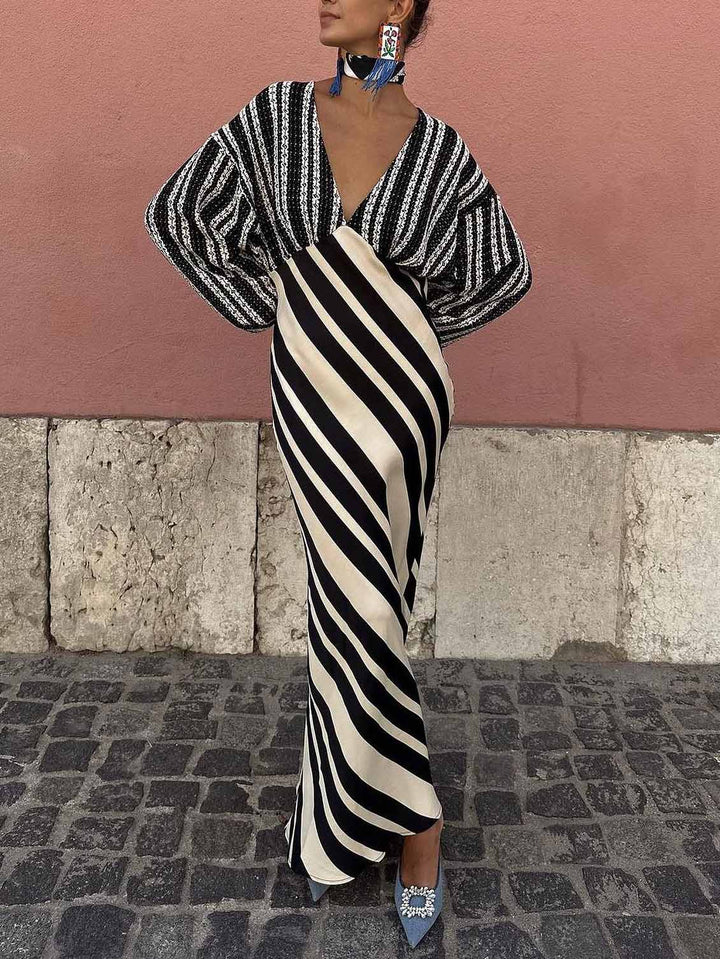 Vestido Midi Irregular de Rayas con Cuello en V Profundo Único