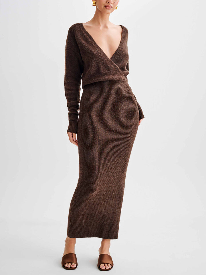 Elegante V-hals Slim Sweater Hip-Wrapped Midi Dress