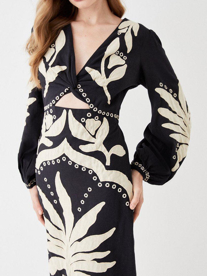 Einzigartiges Palm Tree Floral V-Ausschnitt Langarm Midikleid