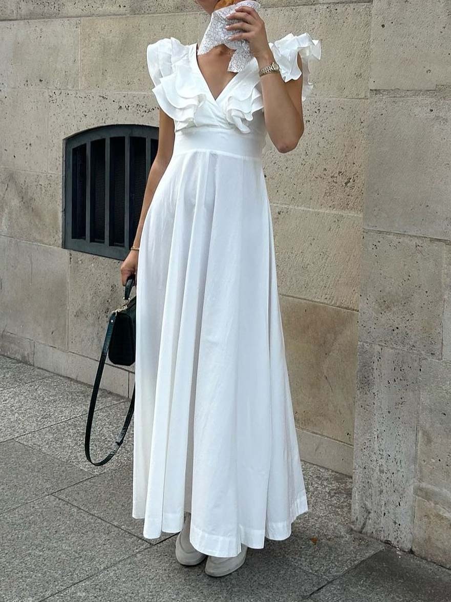 Robe midi à col en V à volants de style palais rétro