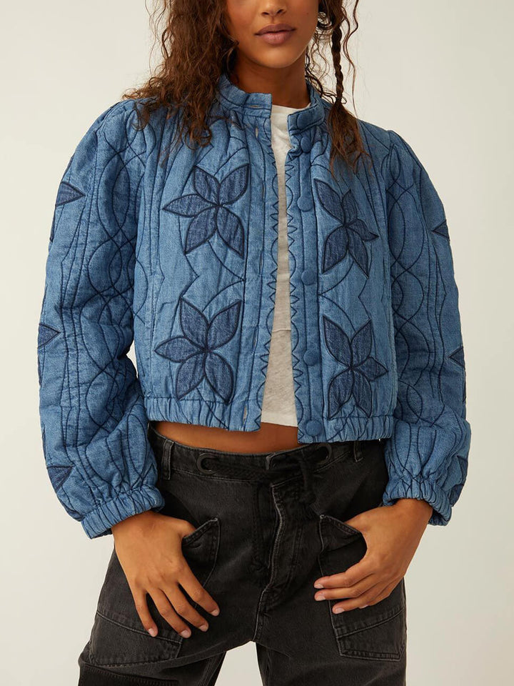 Långärmad knappbroderad blå Cropped Jacket