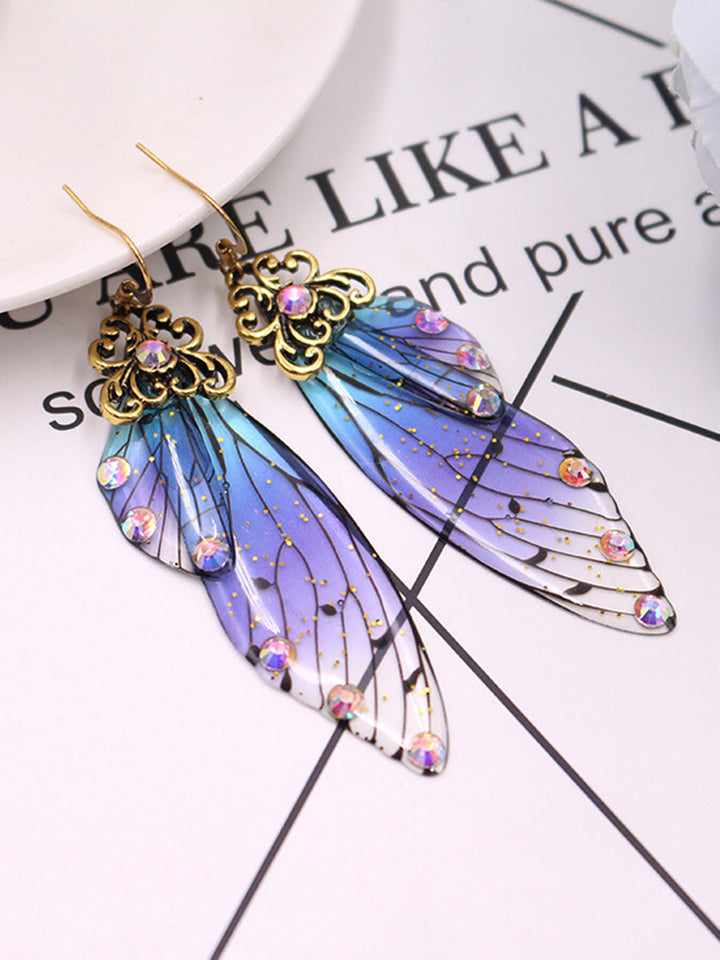 Boucles d'oreilles Aile de papillon en strass bleu Aile de cigale en cristal