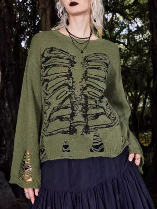 Halloween Skelett Dunkler Stil Zerrissener Langarmpullover