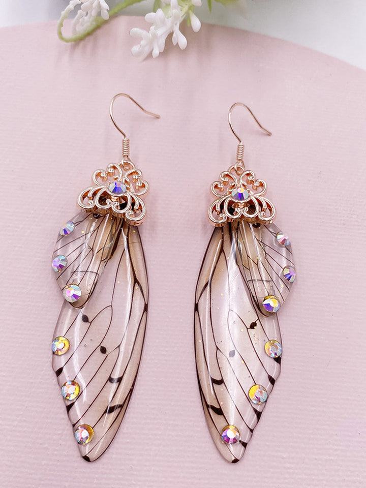 Pendientes de cristal con forma de ala de mariposa gris Rhinestone Cicada Wing