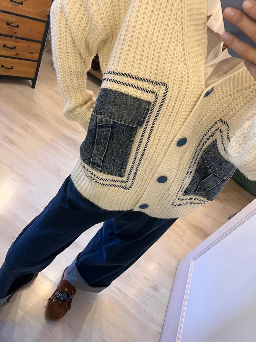 Unique Denim Patchwork Cardigan Tröja Jacka