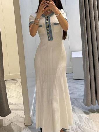 Fashion Denim Patchwork Knitted Tight Maxi Dress