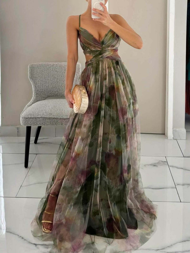 Elegant Green Painted Floral Print V-Neck A-Line Maxi Dress