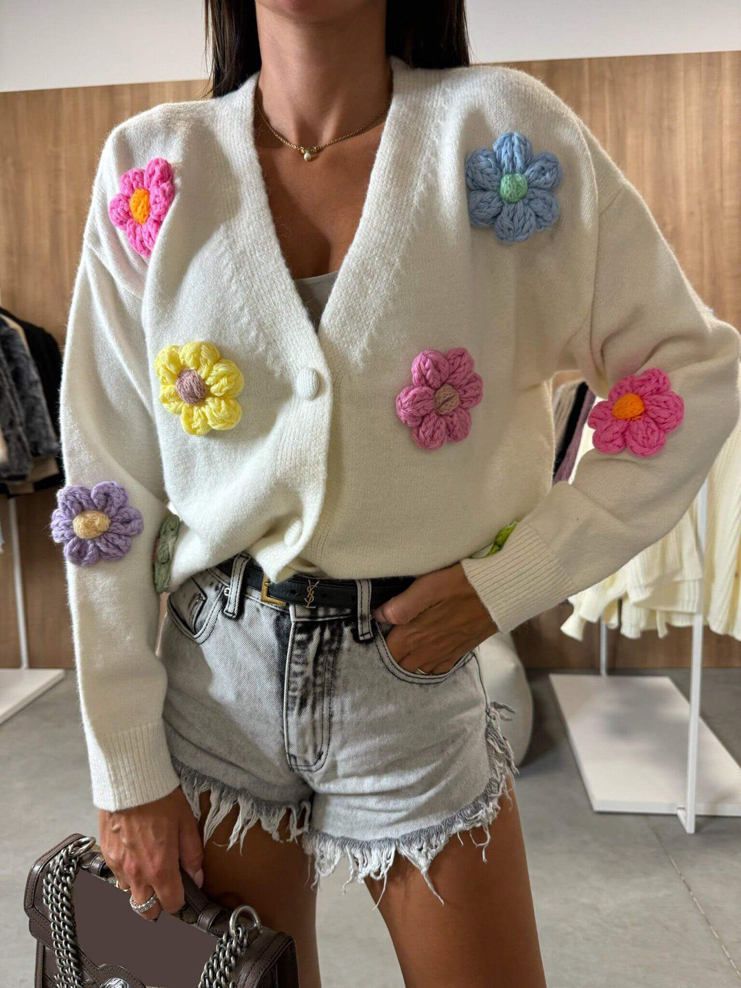 Casual Virka Blomma Cardigan Tröja Jacka