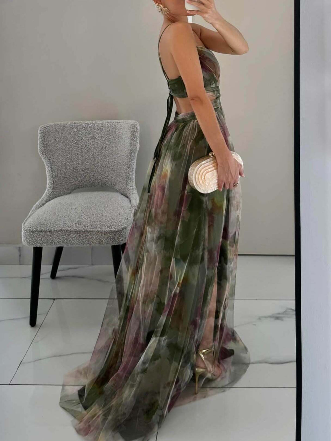 Elegant Green Painted Floral Print V-Neck A-Line Maxi Dress