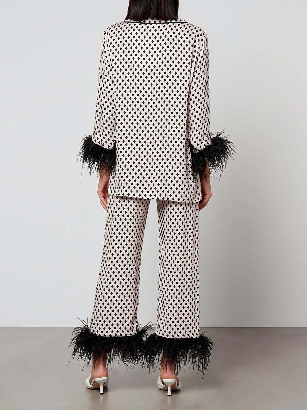 Unique Geometric Pattern Print Feather Trim Loose Pocket Pants