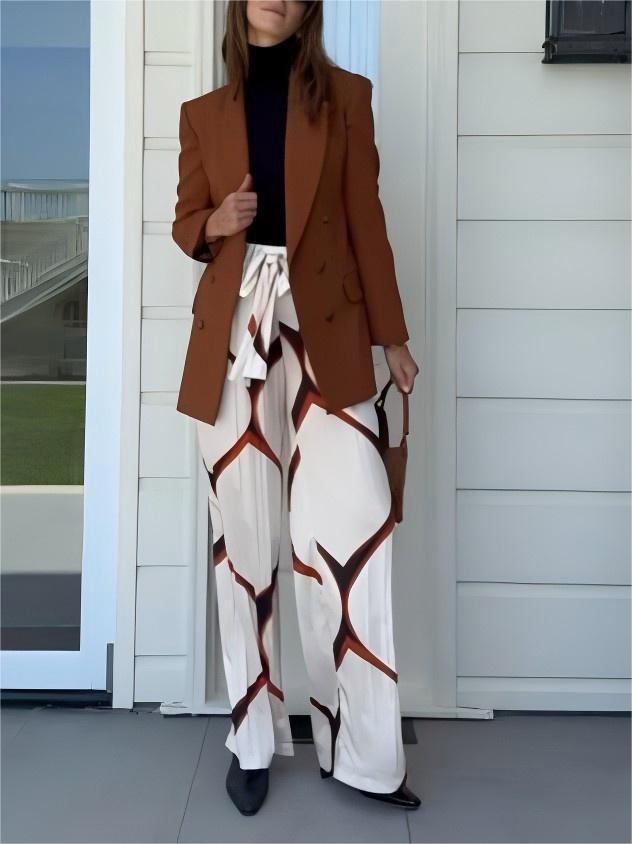 Exquisite Satin Abstract Geometric Print Loose Wide-leg Pants