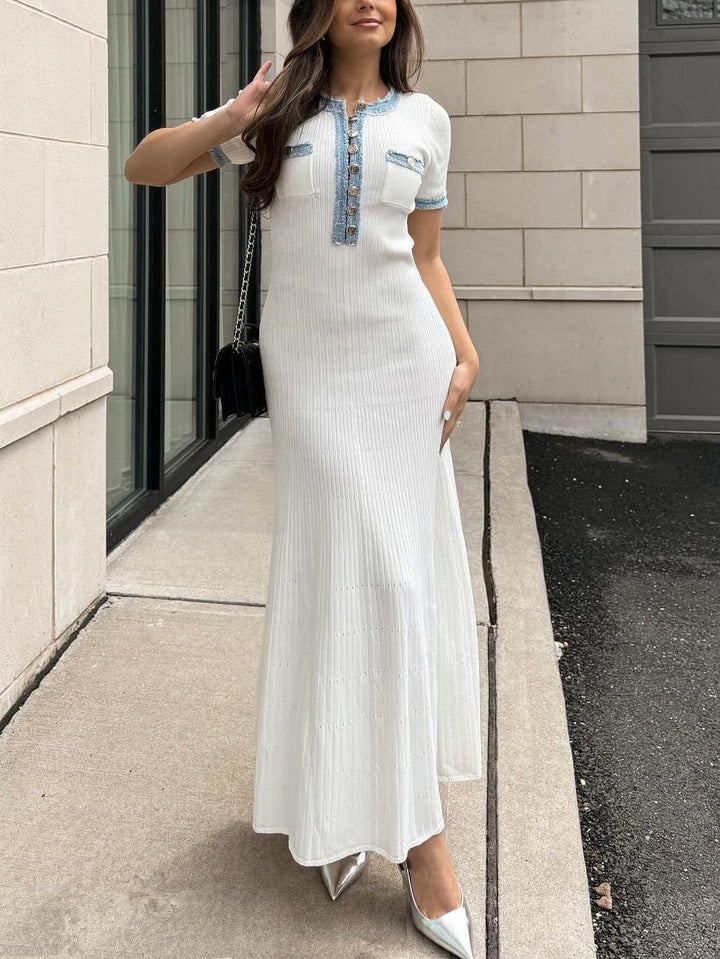 Fashion Denim Patchwork Knitted Tight Maxi Dress