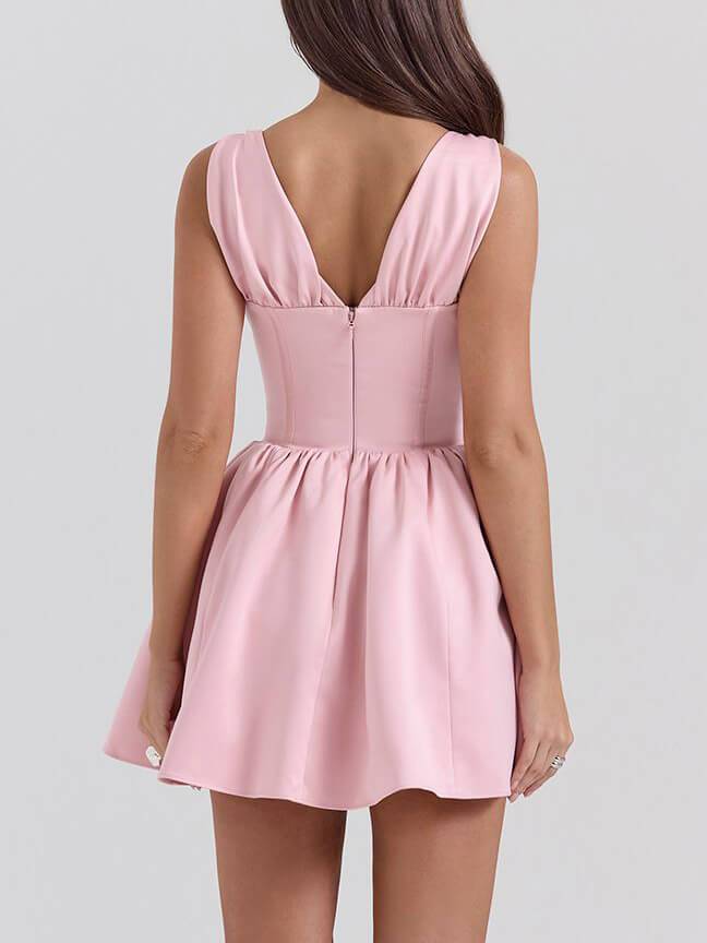 Elegant Satin Bow V Neck Mini Dress