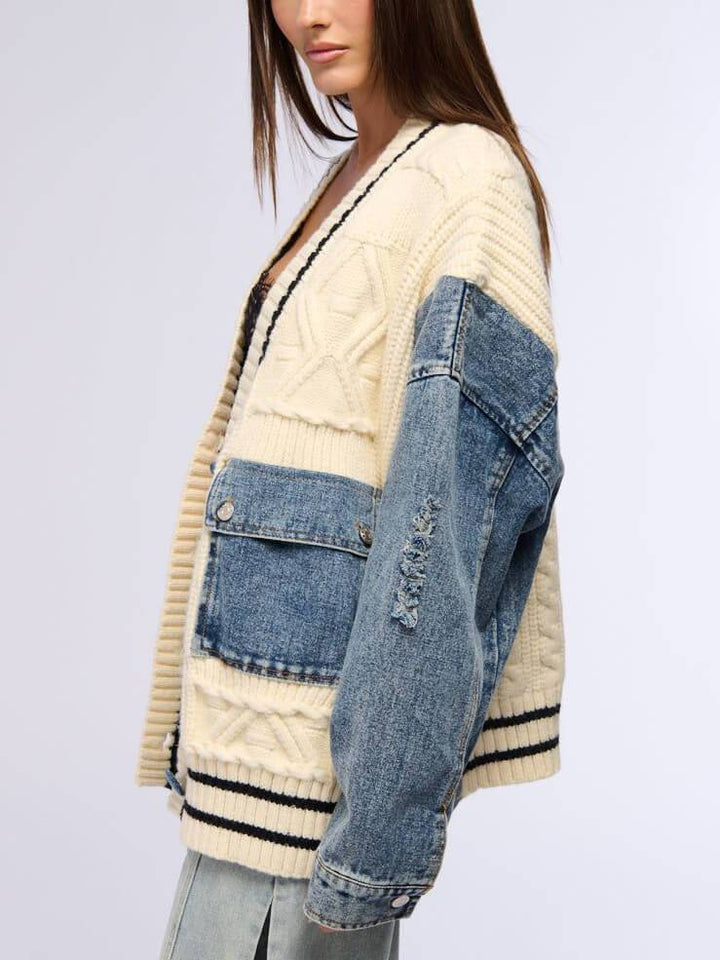 Unique Denim Patchwork Cable Knitted Coat