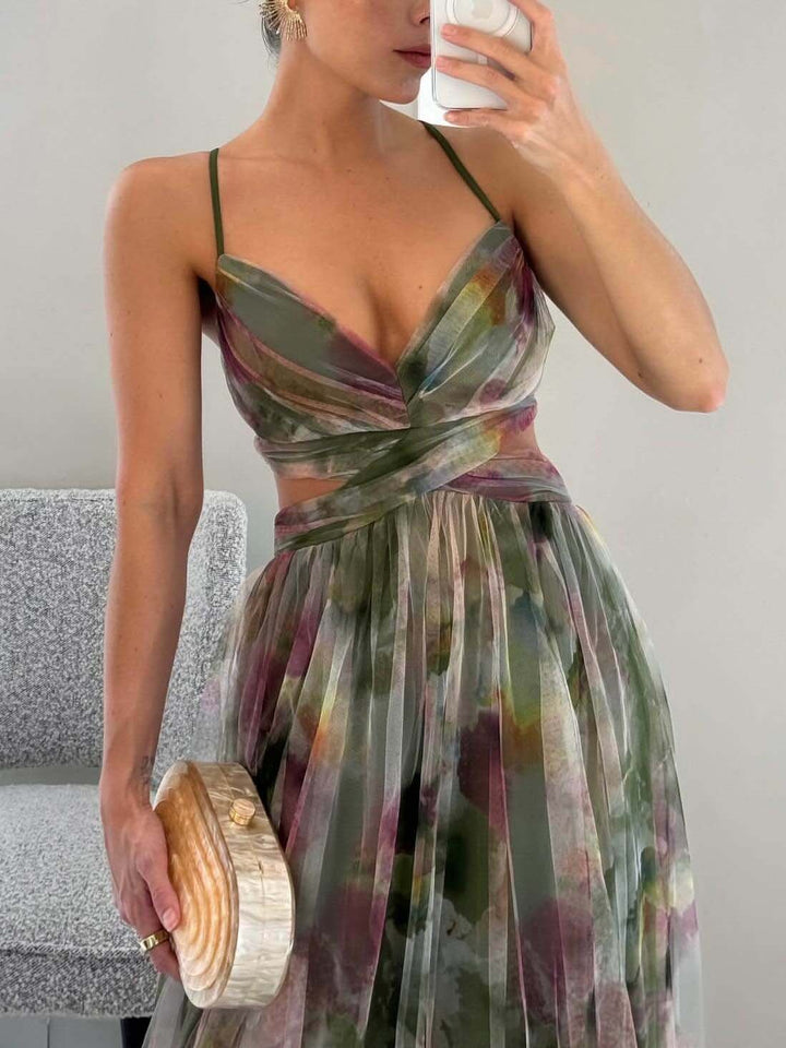 Elegant Green Painted Floral Print V-Neck A-Line Maxi Dress