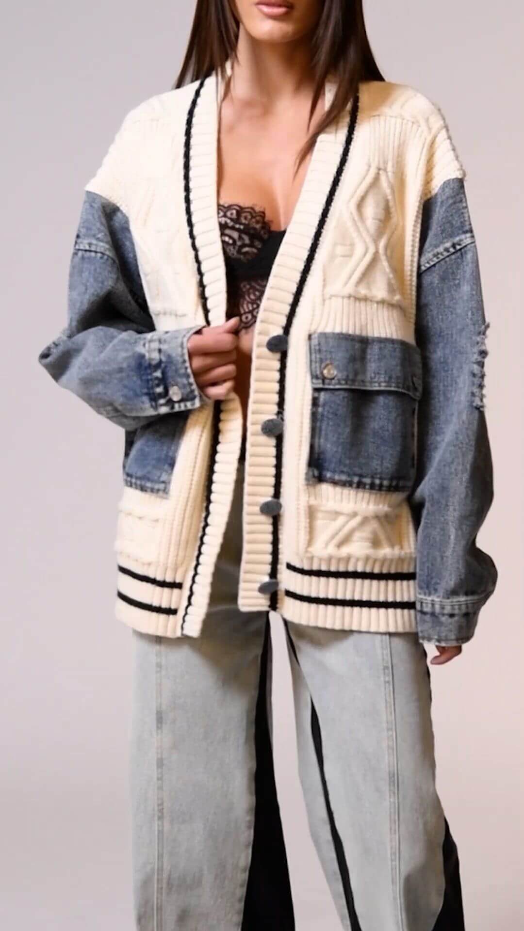 Unique Denim Patchwork Cable Knitted Coat