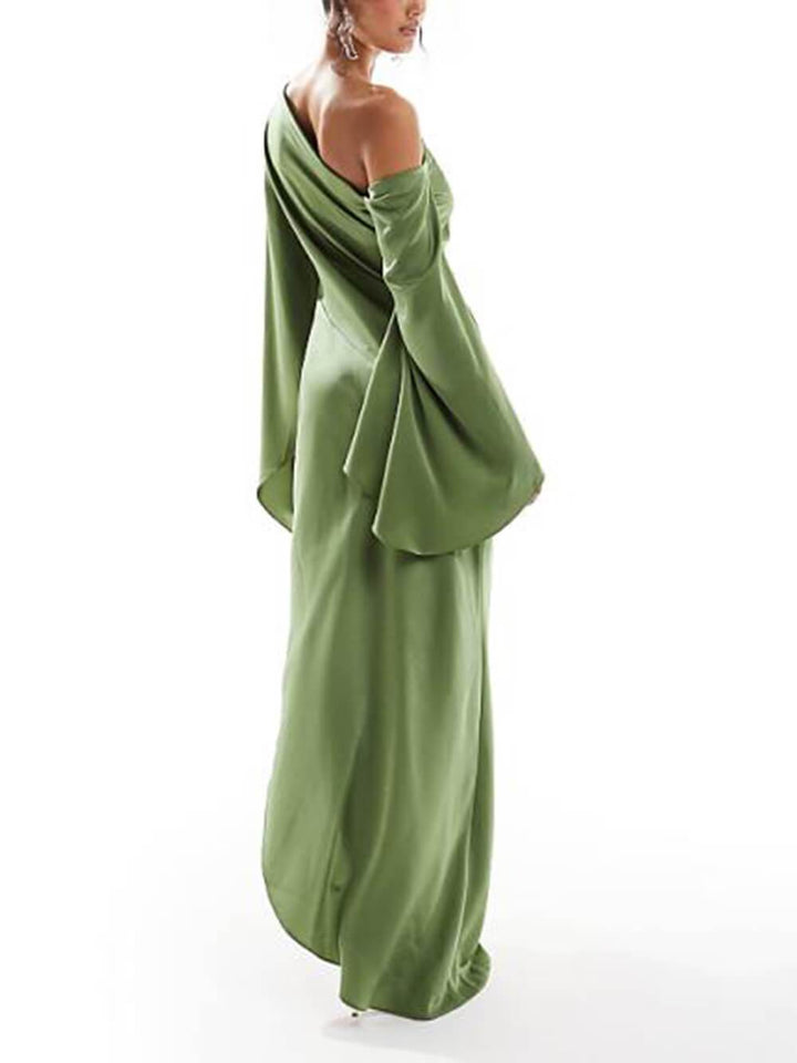 Asymmetrical One Shoulder Bell Sleeve Slit Maxi Dress