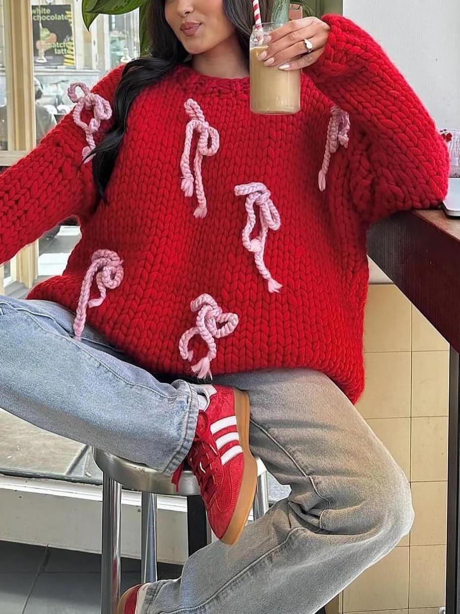 Unique Bow Crew Neck Loose Sweater