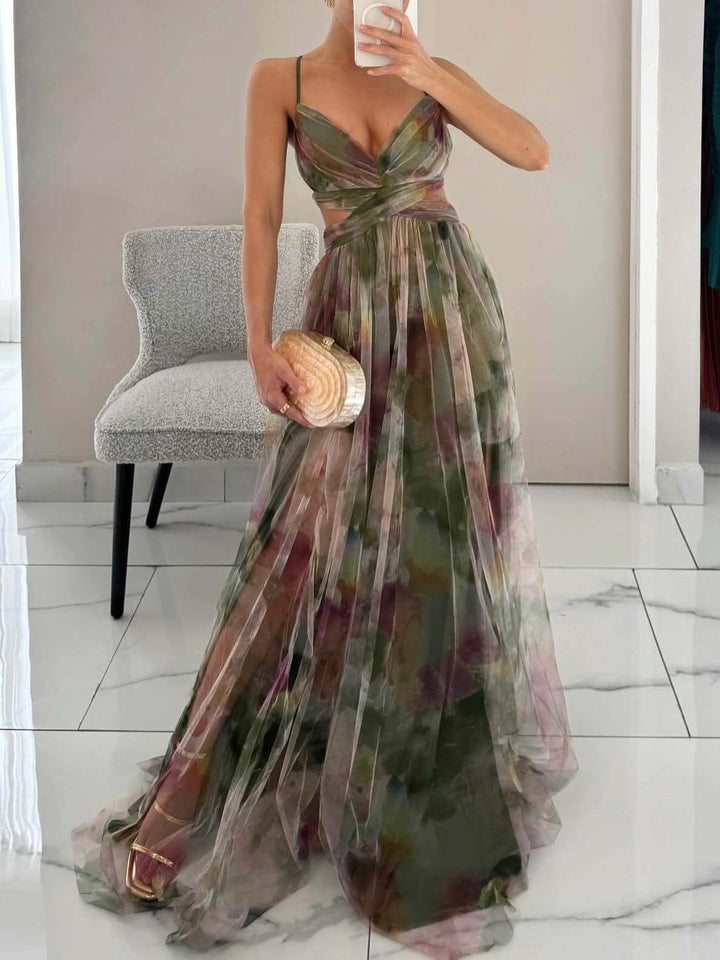 Elegant Green Painted Floral Print V-Neck A-Line Maxi Dress