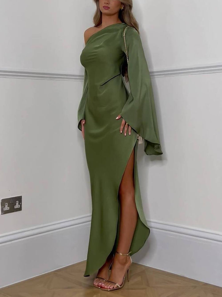 Asymmetrical One Shoulder Bell Sleeve Slit Maxi Dress