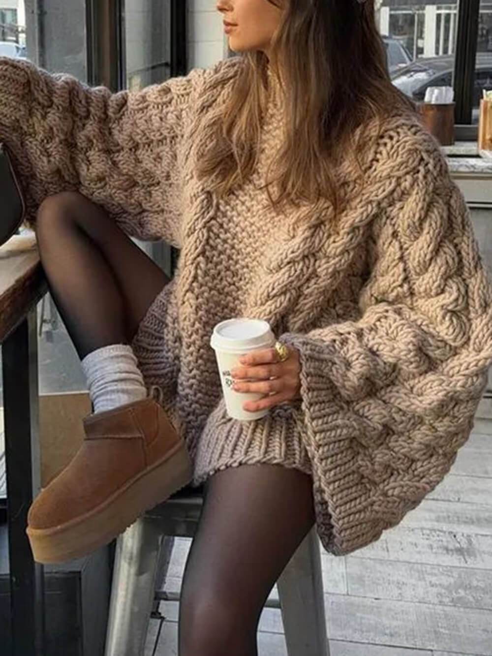 Casual And Versatile Sweet Cable-Knitted Trumpet Sleeve Sweater