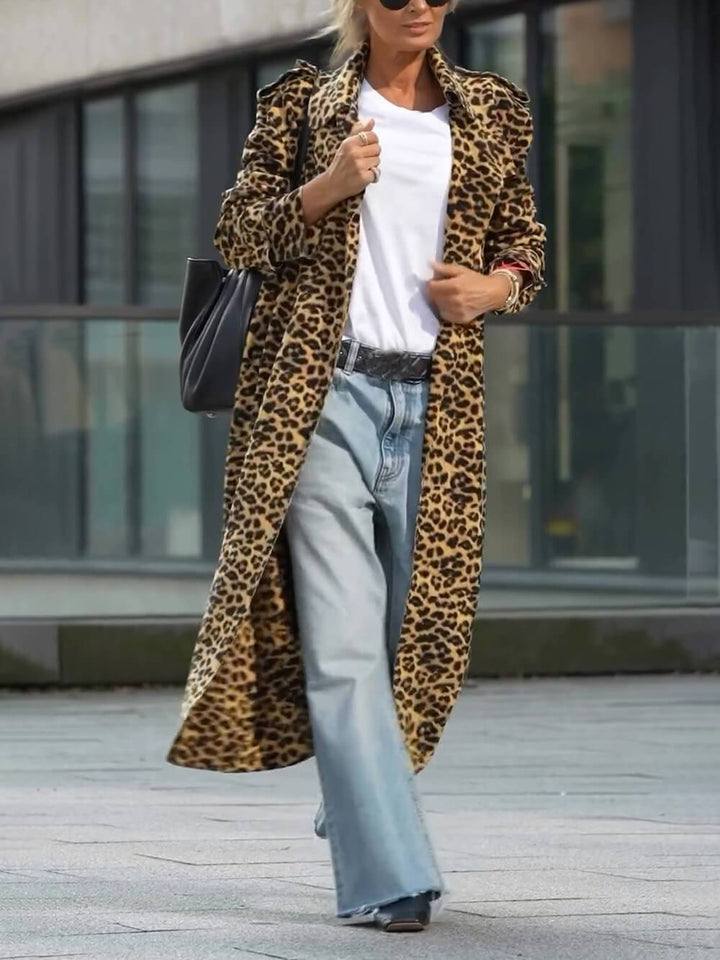 Unique Be Free Leopardmönstrad Långärmad Lös Midi Trench Coat