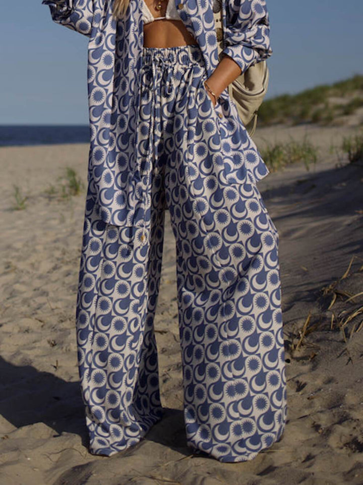 Unique Ethnic Pattern Print Elastic Drawstring Wide-leg Pants