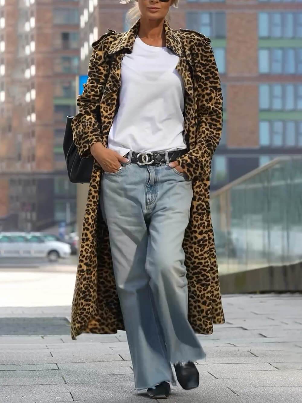 Unique Be Free Leopardmönstrad Långärmad Lös Midi Trench Coat