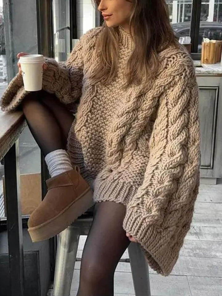 Casual And Versatile Sweet Cable-Knitted Trumpet Sleeve Sweater