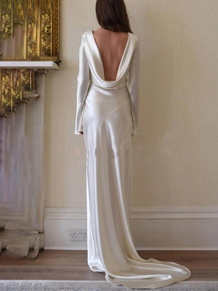 Elegant And Exquisite Satin Backless Round Neck Maxi Dress