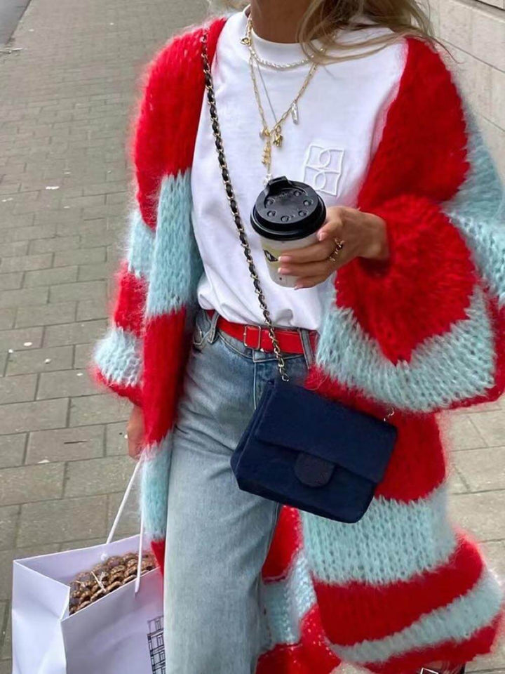 Lazy Style Contrast Striped Sweater Long Coat