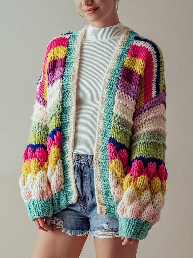 Colorful Striped Chunky Knit Cardigan Jacket