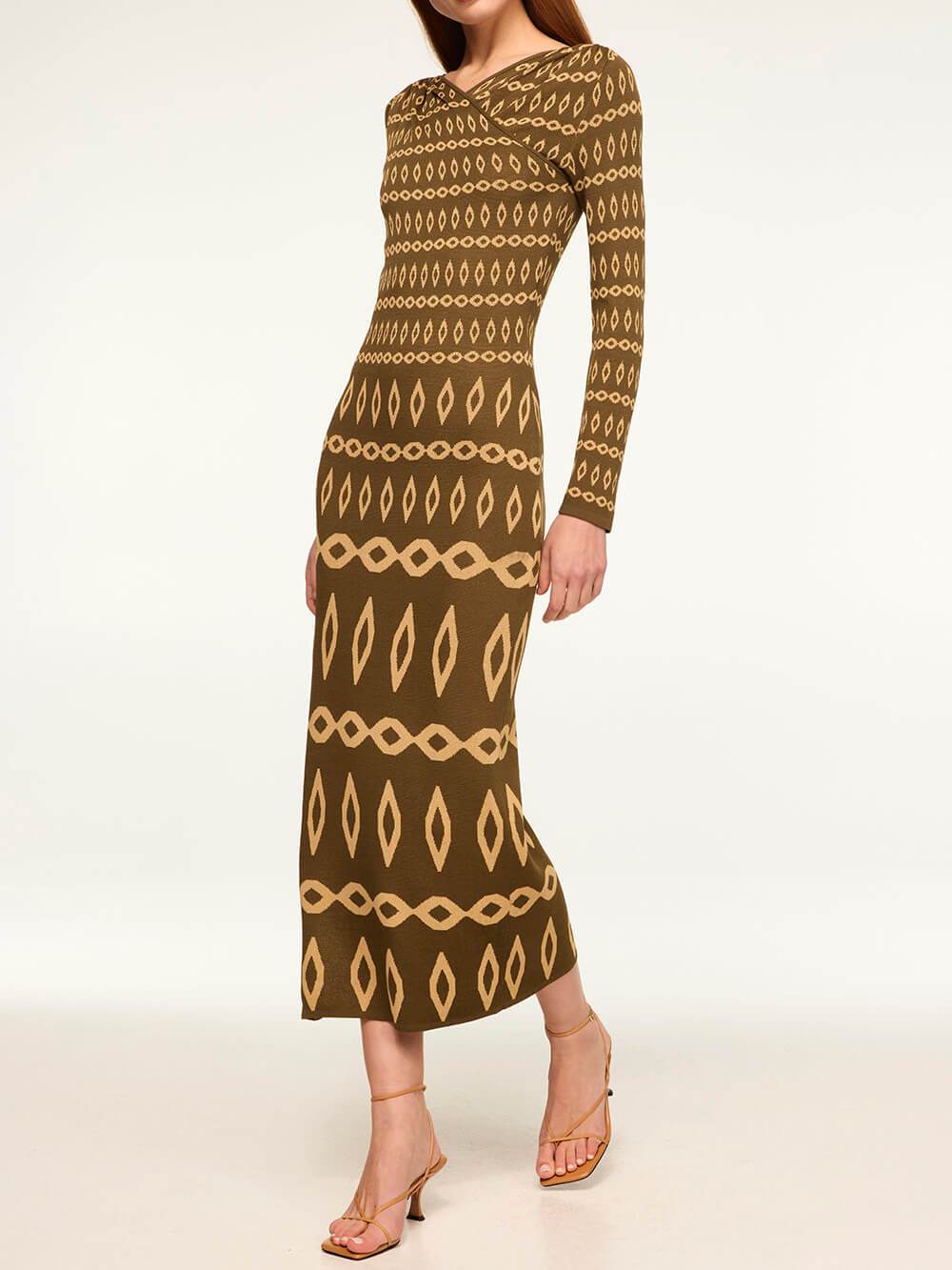 Charming Olive Geometric Bodycon Stretch Knit Jacquard Dress