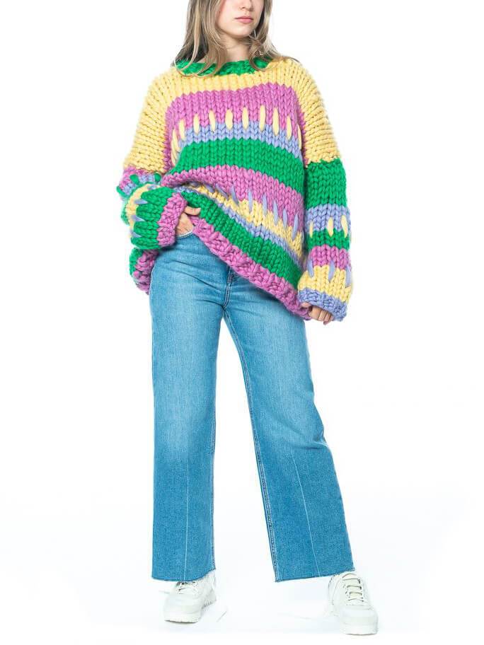 Unique Colorful Striped Loose Crewneck Sweater