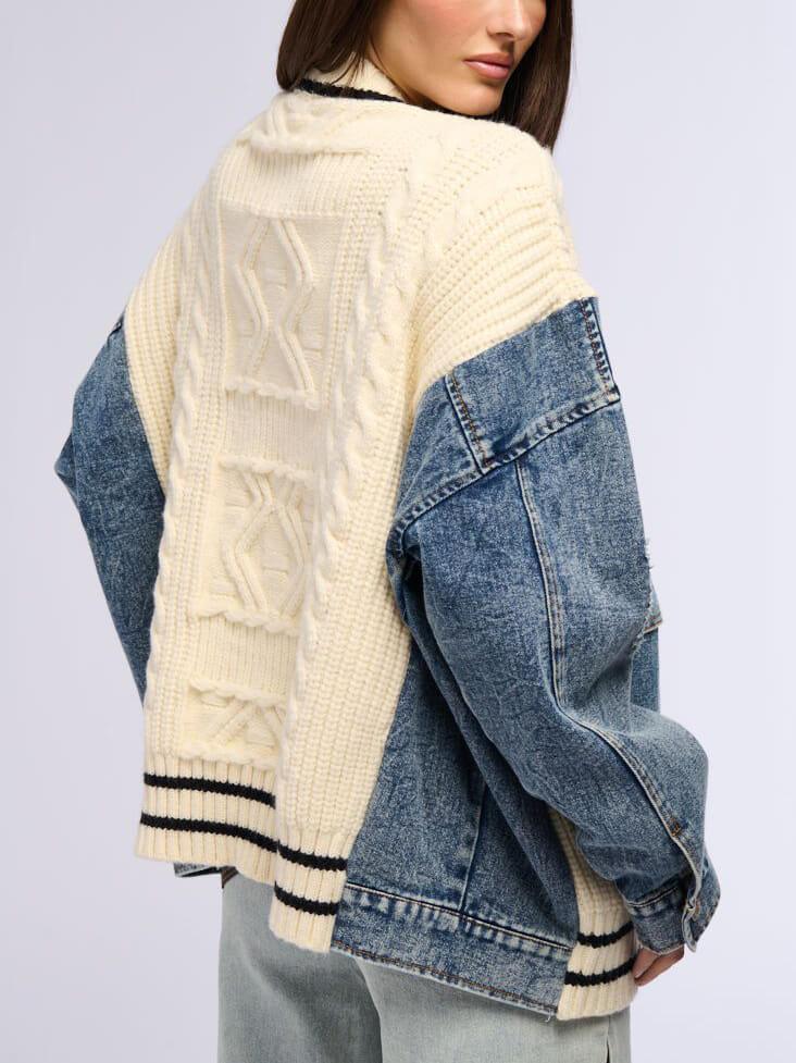 Unique Denim Patchwork Cable Knitted Coat