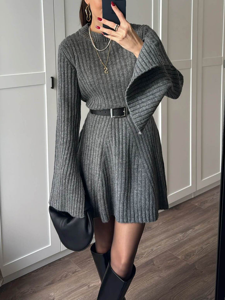 Classic Bell Sleeve Grey Mini Sweater Dress